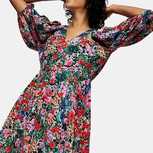 Topshop puff sleeve v-neck mini dress in bright florals